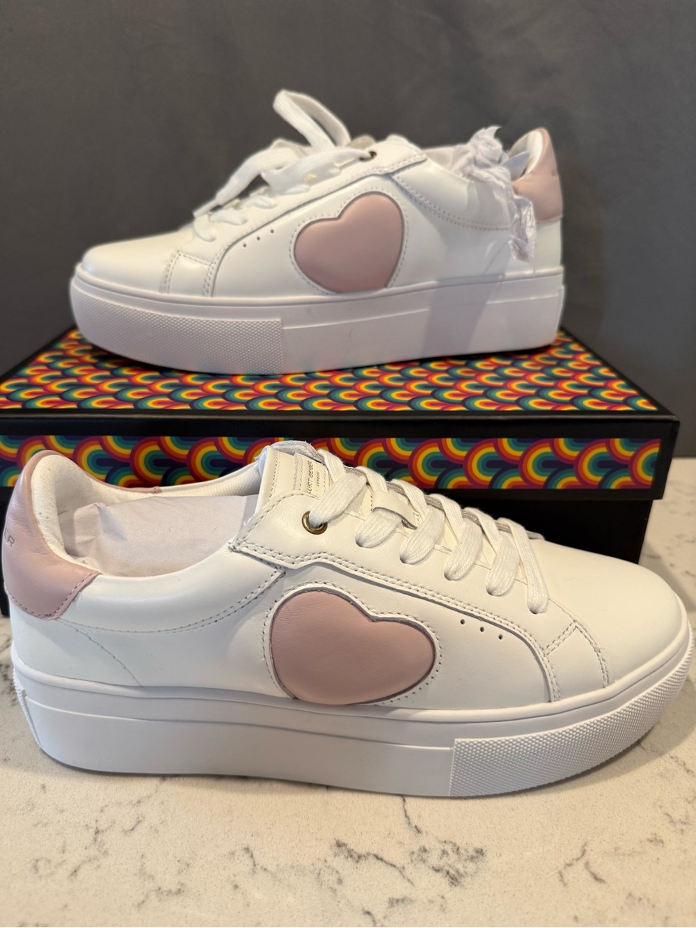 Kurt Geiger White Platform Sneakers with Pink Heart Accent